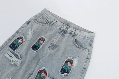 retro patch embroidered pleated jean for men street wear washed destroyed straight patchwork ripped jeans pants baggy hip hop unique jeans style 87