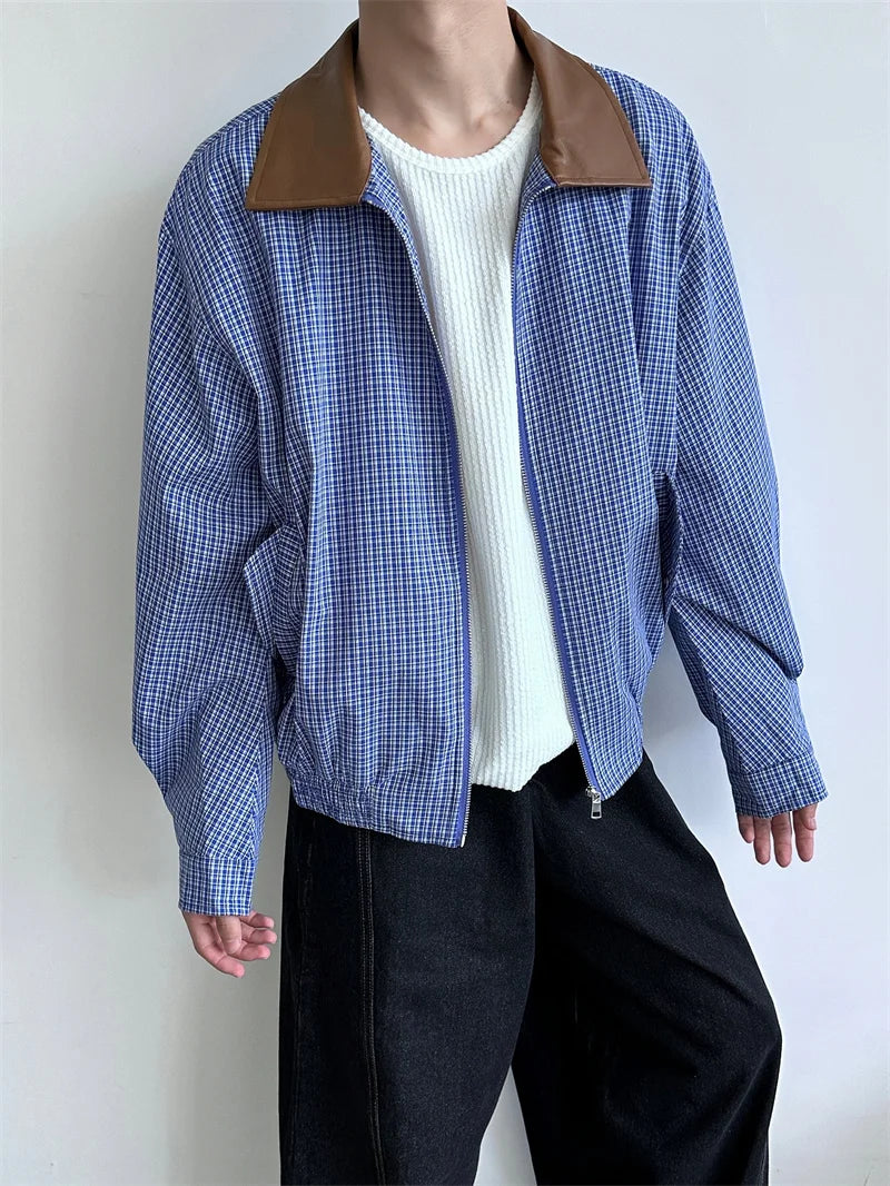 2024 autumn high street plaid jackets for men casual y2k vintage streetwear zipper coats hip hop fashion motorcycle jacket unique default style 1553
