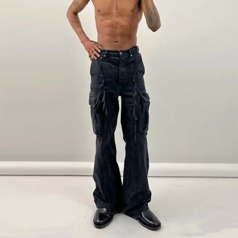 y2k streetwear tassel multi pocket jeans for men straight solid baggy cargo pants pantalones hombre casual denim trousers unique cargo style 885