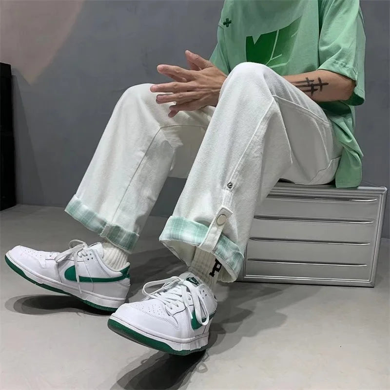 autumn plaid cuffs wide leg jeans for men high street fashion straight denim pants mujer elastic y2k baggy blue jean trousers unique jeans style 829