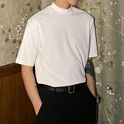 Korean style high-end half turtleneck short-sleeved summer T-shirt for men loose ice-sleeved bottoming shirt y2k trendy ins top Street King Limited
