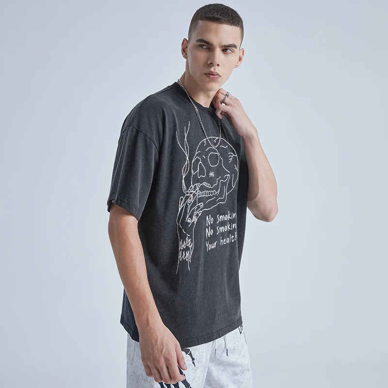 Rainbowtouches Washed Men's New T Shirt Vintage Unisex Skulls Print Design Shirt High Street Graphic Fashion Loose Mens T Shirts Street King Limited