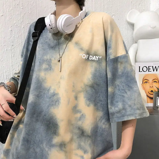 Summer national trend hip-hop tie-dye short-sleevedstyle Korean version ins loose couple's five-point half-sleeved T-shirt top Street King Limited