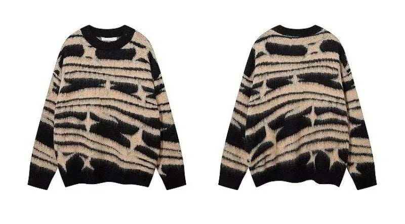 japanese hip hop sweater set men contrast zebra pattern round neck knit top splicing distressed loose jeans 2 pcs harajuku suit unique jeans style 3958