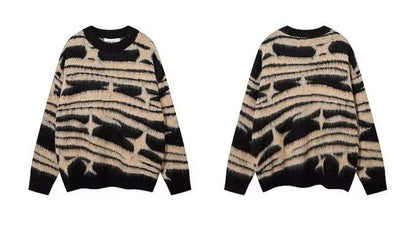 japanese hip hop sweater set men contrast zebra pattern round neck knit top splicing distressed loose jeans 2 pcs harajuku suit unique jeans style 3958