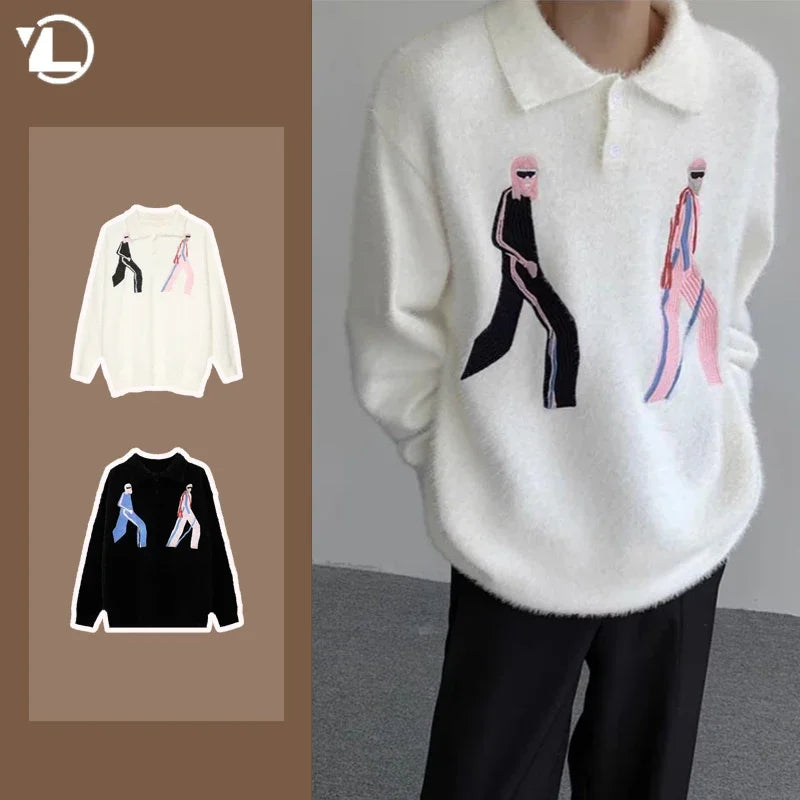 Korean Embroidery Lapel Sweater Mens Spring Street Trends Soft Seahorse Hair Loose Pullover Thickening Y2K Couple Knitwear New Street King Limited