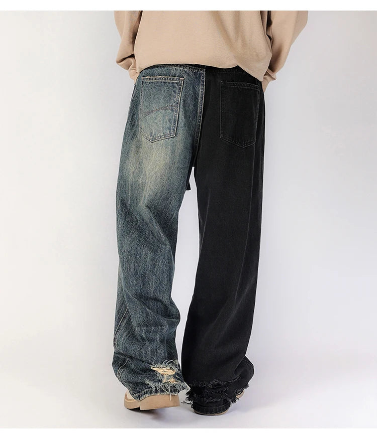 men streetwear fashion black blue splice hip hop loose casual wide leg straight baggy jeans pant cityboy jeans pants trousers unique jeans style 2527