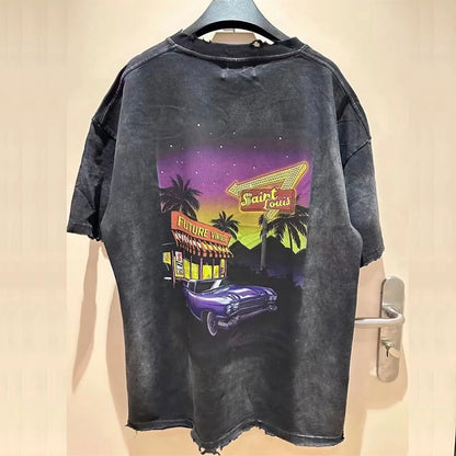 2024ss Saint Louis T-shirts Men Woman Good Quality Cotton Loose Wash White Nightmare Debris Printing Top Tees Street King Limited