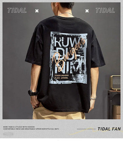 Cotton short-sleeved t-shirt men's ins trendy summer American hip-hop national trend printed loose youth white tops men clothing Street King Limited