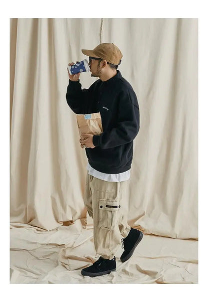 Trendy brand sweatshirt men's Japanese style loose stand collar hoodless pullover long sleeve versatile autumn and winter style Street King Limited