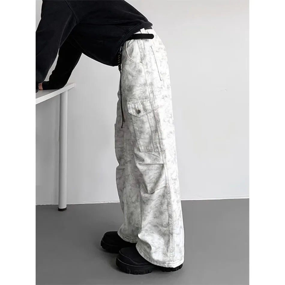 American Tie Dye Cargo Pants Mens Autumn Vintage High Street Straight Leg Trousers Casual Multi Pocket Loose Overalls Male Street King Limited