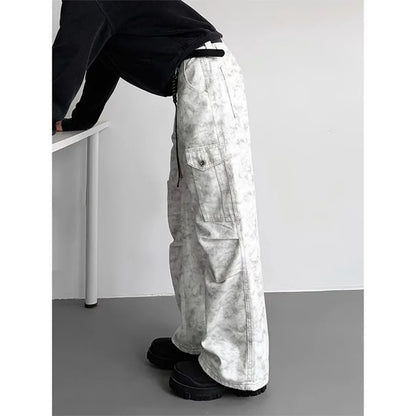 American Tie Dye Cargo Pants Mens Autumn Vintage High Street Straight Leg Trousers Casual Multi Pocket Loose Overalls Male Street King Limited