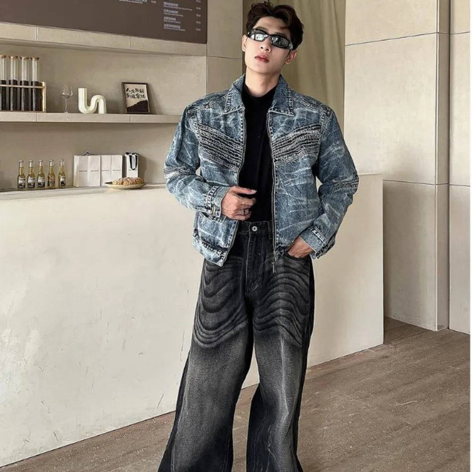 vintage washed mens denim jacket heavy weight high street contour pleat design cowboy coats short motorcycle hip hop outwear unique jeans style 3691