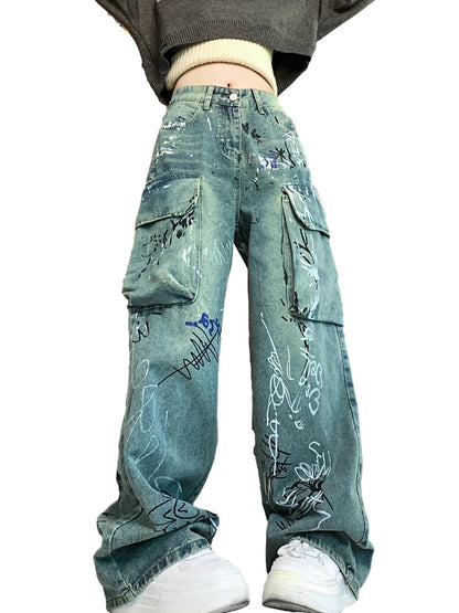 graffiti printed denim jeans unisex side pocket straight cargo jean trousers hip hop streetwear casual loose joggers jeans pants sporty tapered joggers