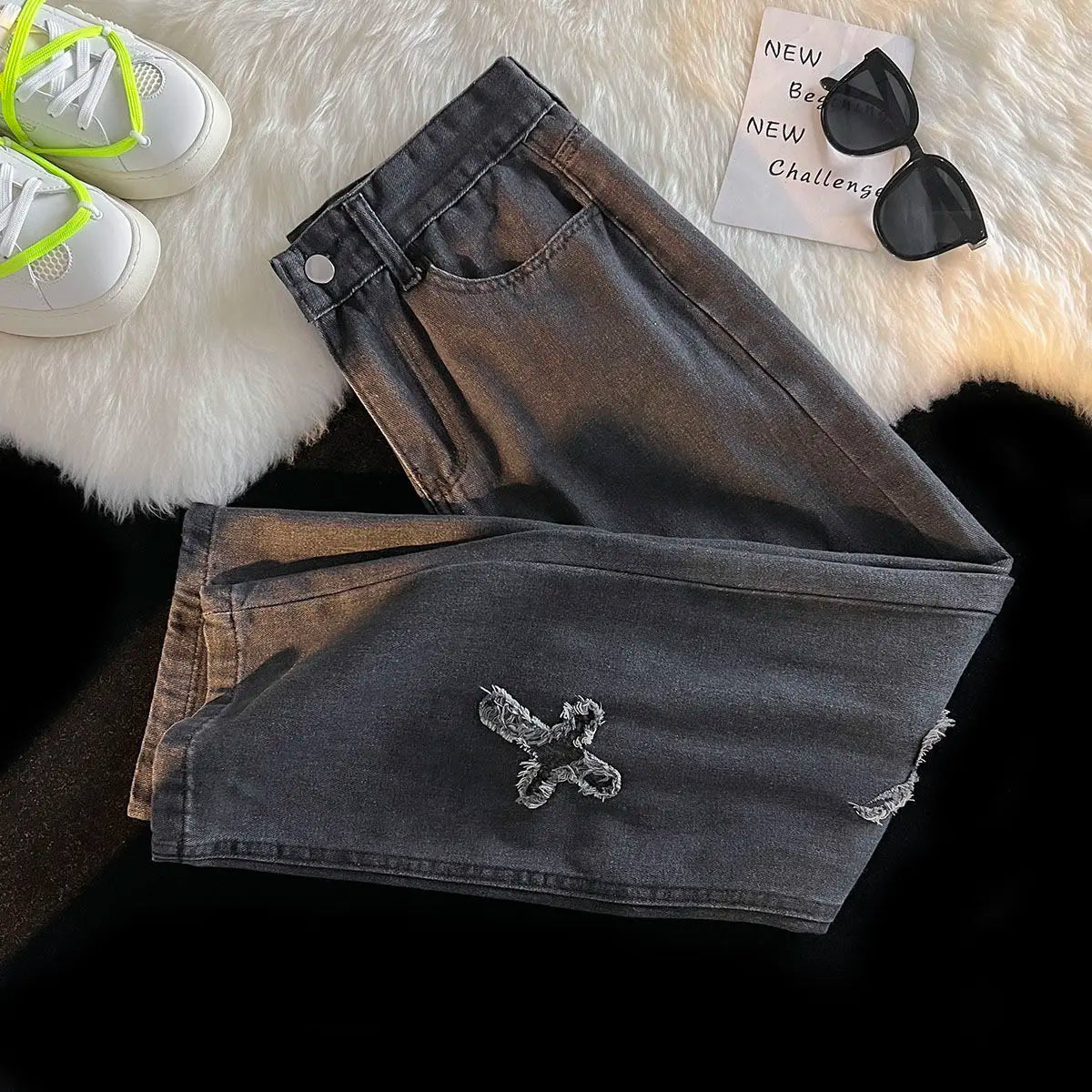 Korean Street Style Retro Pants Raw Edge Cross Jeans Design Y2K Personality Men and Women Niche Hip-hop Loose Sports Jeans Street King Limited