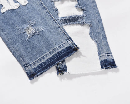 Vintage Washed Letter Embroidery Ripped Hole Blue Men's Jeans Straight Frayed Streetwear Hip Hop Loose Unisex Denim Trousers Street King Limited
