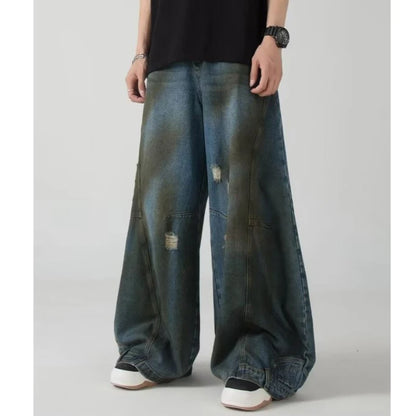 Summer High Street Hip Hop Jeans Mens Halo Dye Hole Washed Straight Denim Pants Loose Silhouette Retro Micro Flared Trousers Street King Limited