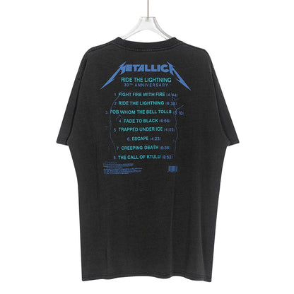 Summer Vintage High Street Wash Lightning Print T-shirt Vintage Heavy Metal Rock Band Short Sleeve Japanese Street Pure Cotton Street King Limited
