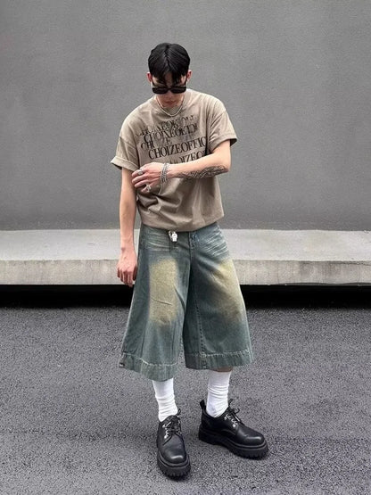 Summer Trend Denim Cropped Trousers Mens American Hip Hop Washed Wide Leg Shorts Unisex  High Street Straight Cowboy Mid Pants Street King Limited