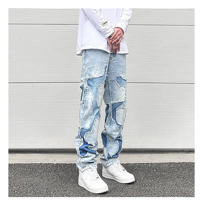ripped irregular patchwork design denim jeans men casual zipper biker trousers jeans fashion streetwear hip hop pants joggers unique joggers style 2621