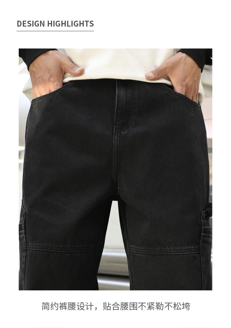 men american streetwear fashion loose casual hip hop wide leg black denim baggy jeans pants man y2k cargo jeans trousers unique cargo style 2214