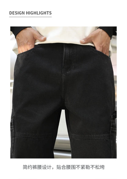 men american streetwear fashion loose casual hip hop wide leg black denim baggy jeans pants man y2k cargo jeans trousers unique cargo style 2214