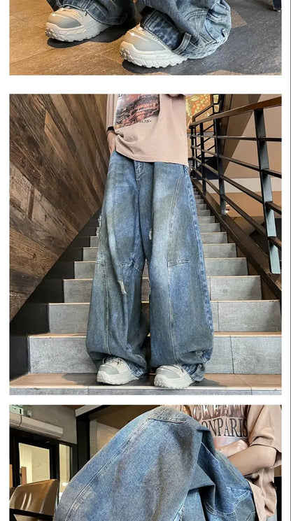 american style dirty and torn hole design straight leg wide leg jeans for men and women high street loose street casual pants unique jeans style 652