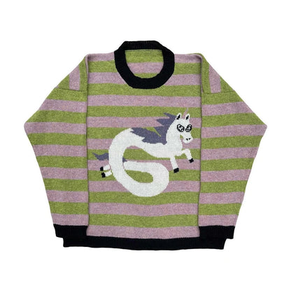 Y2K Women's Sweater Clothing Vintage Knitted Wool Sweater Jumper Round Neck Stripe Cute patterns Round Neck Long Sleeve Clothing Street King Limited