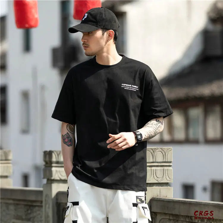 Pure cotton short-sleeved men's summer Hong Kong style design t-shirt ins trendy brand loose bottoming versatile round neck tops Street King Limited