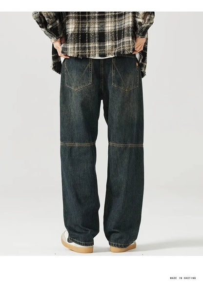 american style new retro heavy duty washed straight leg jeans for men and women simple and loose trendy wide leg casual pants unique jeans style 4677