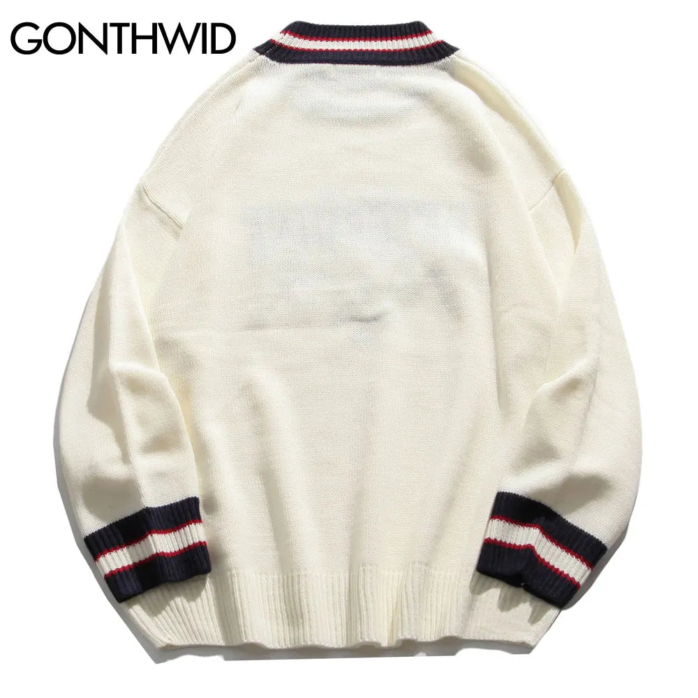 GONTHWID Bear Patchwork Striped Knitted Jumpers Sweaters Streetwear Hip Hop Harajuku Casual Pullover knitwear Mens Fashion Tops Street King Limited