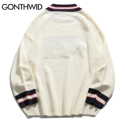 GONTHWID Bear Patchwork Striped Knitted Jumpers Sweaters Streetwear Hip Hop Harajuku Casual Pullover knitwear Mens Fashion Tops Street King Limited