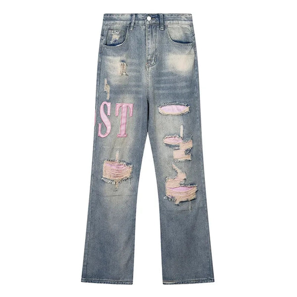 Men Blue Ripped Baggy Jeans Pink Letter Embroidered Denim Trousers Y2K Harajuku Vintage Punk Wide Leg Straight Pants Streetwear Street King Limited