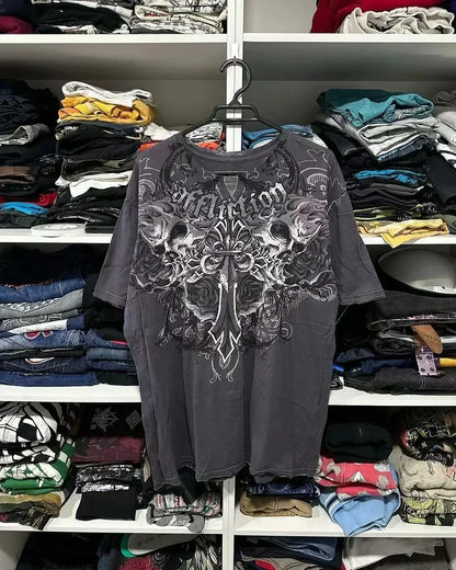 Street Y2K New Popular Gothic Printed Cotton T-shirt Men Harajuku Hip Hop Retro Loose Short Sleeved Couple Casual Joker T-shirt Street King Limited