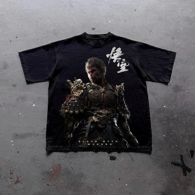 Black Myth Wukong Printed Oversized Short-sleeved Top Men Y2k American Street Casual Breathable Cotton Round Neck T-shirt Women Street King Limited
