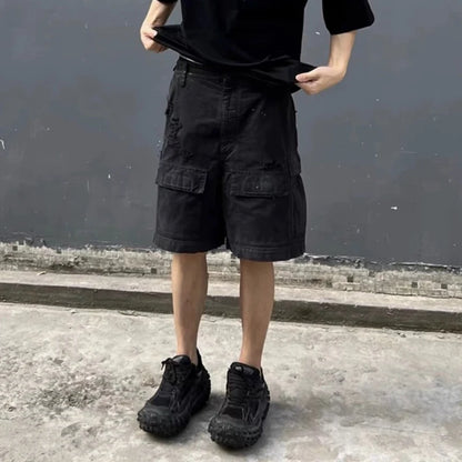 vintage ripped damaged black cargo shorts for men high street wide leg baggy overalls distressed summer knee length pants utility cargo pants