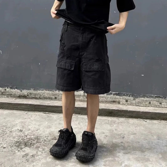 vintage ripped damaged black cargo shorts for men high street wide leg baggy overalls distressed summer knee length pants utility cargo pants