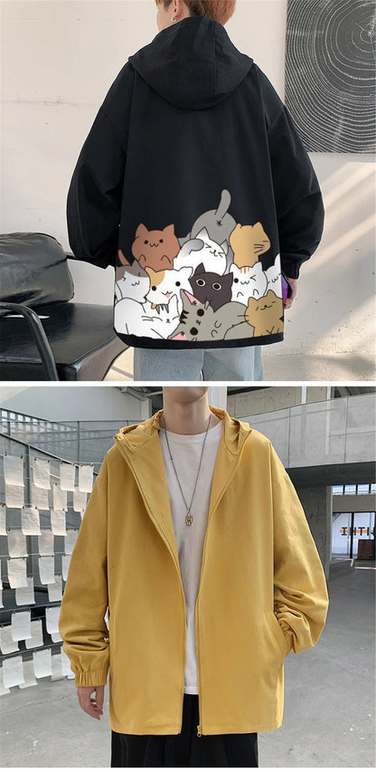 Black Cat Print Baseball Jacket Boys Long Sleeve Loose Ins Harajuku High Street Tops Streetwear Gothic Gray Bomber Jacket Men Street King Limited