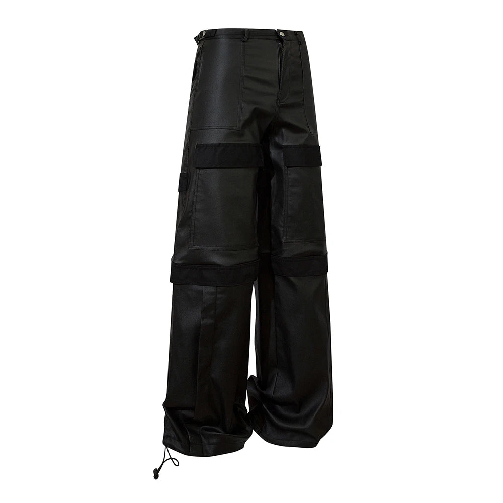 high street striped pu leather cargo pants mens harajuku straight ropa hombre loose overalls oversized casual trousers combat utility trousers