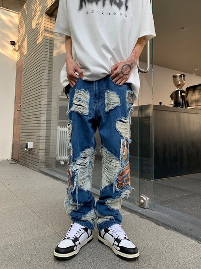 fashion embroidery destroyed ripped tassel holes denim jean pants mens casual loose straight jeans hip hop streetwear joggers unique joggers style 3334