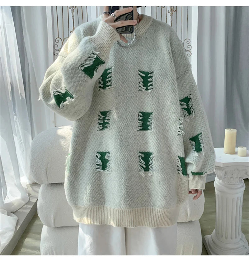 2025 New Ripped Design Crewneck Sweater For Men High Street Patchwork Knitted Jumpers Y2K Vintage Christmas Knitwear Pullovers Street King Limited