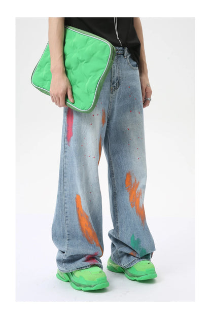 vintage graffiti baggy jeans mens streetwear hip hop loose blue denim pants hi street luxury designer jeans trousers man unique jeans style 41