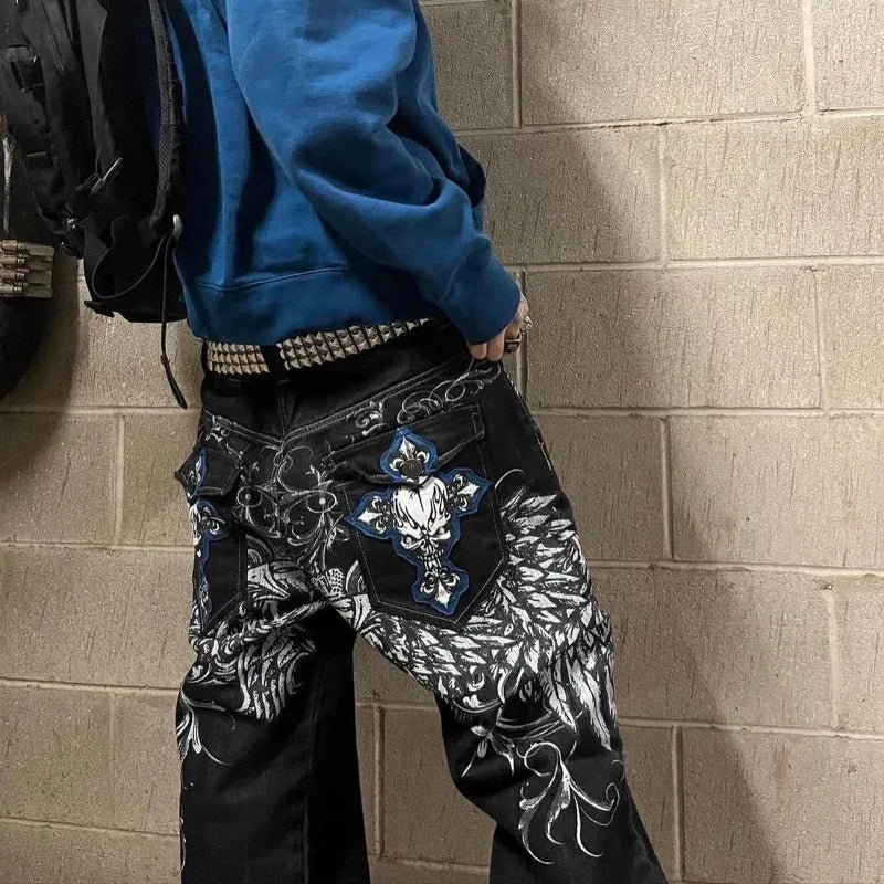 Y2K Straight Wide Leg Pants New Street Selling Fashion Loose American Hip Hop Retro Gothic Print Jeans Women Unisex Joker Jeans Street King Limited