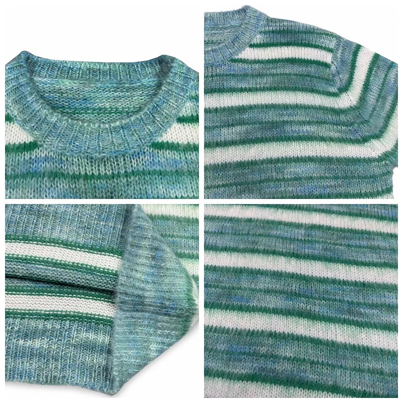 Korean Fashion Striped Patchwork Mohair Knitted Sweaters Retro Mens Oversized Knitwears Y2k Harajuku Female Round Neck Sweaters Street King Limited