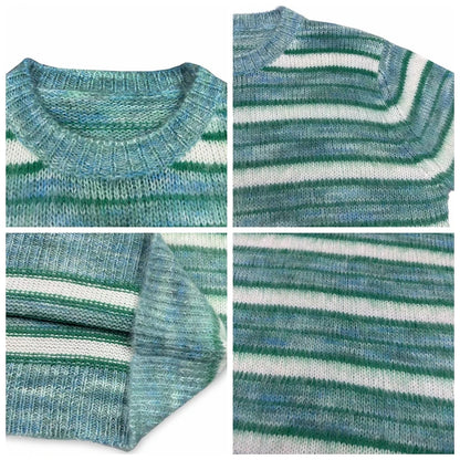 Korean Fashion Striped Patchwork Mohair Knitted Sweaters Retro Mens Oversized Knitwears Y2k Harajuku Female Round Neck Sweaters Street King Limited