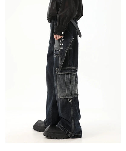 fashion punk rings streetwear loose pants unisex casual multiple pockets wide legs jean pants hip hop joggers men baggy jeans unique joggers style 492