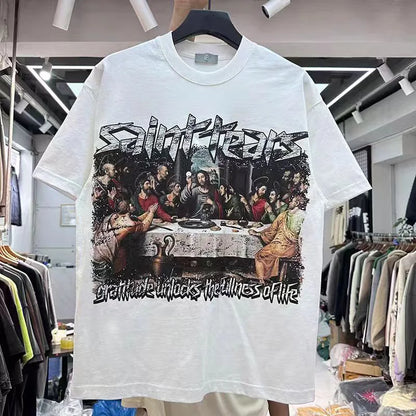 Summer New Chaopai Boxer Letter Print T-shirt Men Woman 1:1 Best Quality Loose Versatile Vintage O-Neck Tops Tee Street King Limited