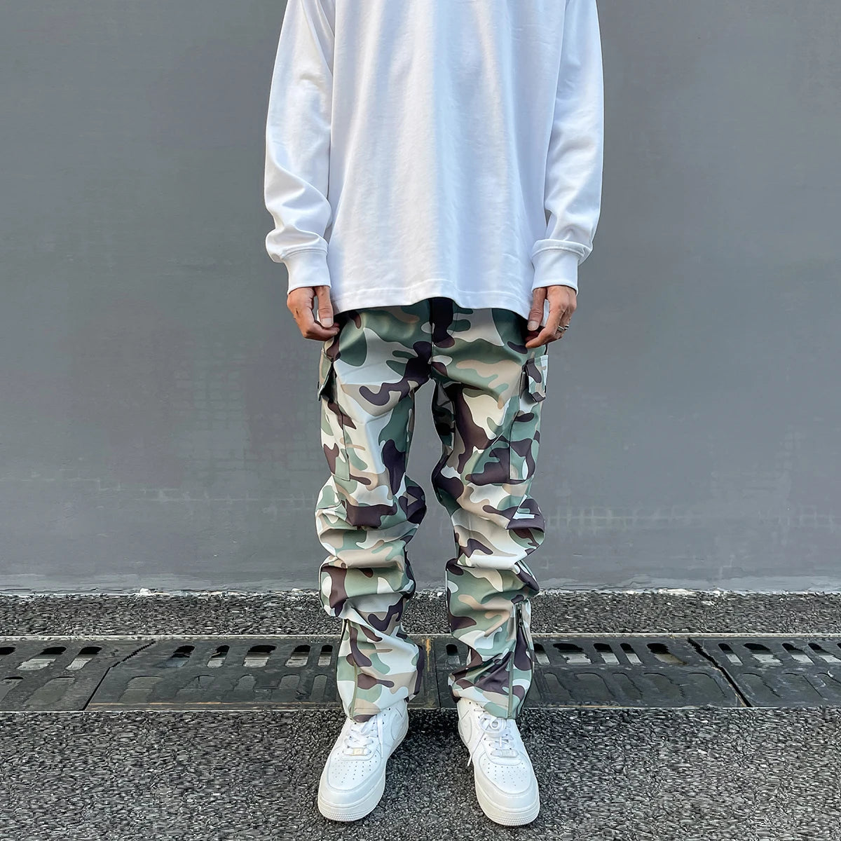 Street Wear Functional Camouflage Cargo Trousers Men Waterproof Pockets Pleated Zip Up Tapered Pants Nylon Belt Men's Clothes Street King Limited