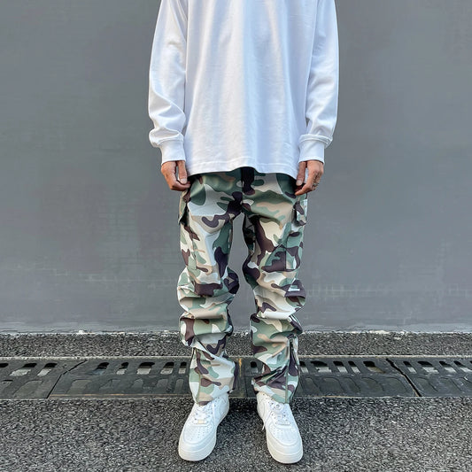 Street Wear Functional Camouflage Cargo Trousers Men Waterproof Pockets Pleated Zip Up Tapered Pants Nylon Belt Men's Clothes Street King Limited
