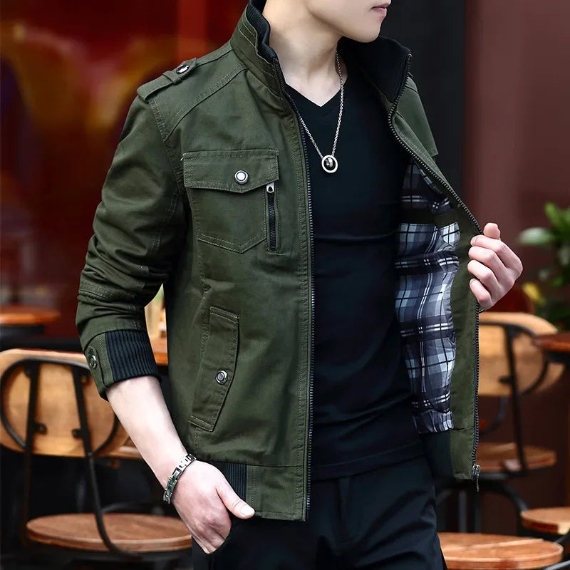 2024 spring autumn new mens jacket korean fashion stand up collar thick denim cargo pants pure cotton coat top clothes baggy cargo bottoms